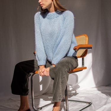 Relaxed Mohair Sweater in Ice Water, Hand Knit Pullover, Chunky Mohair Jumper, Oversized Knitted Sweater in Kid Mohair, Light Blue Mockneck 