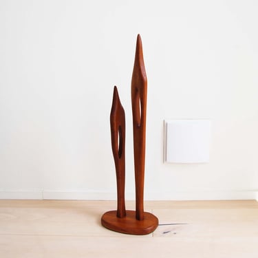 Mid Century Modern Solid Teak Wood Tall Abstract Sculpture 