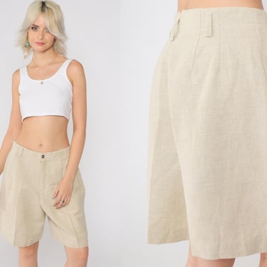 90s Pleated Shorts Beige Linen Cotton Blend Liz Claiborne Mom Shorts High Waisted Retro Trouser Summer High Waist Vintage 1990s Medium 