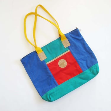 Vintage Color Block Canvas Tote Bag - 80s Gitano Colorful Shoulder Bag - Patchwork Book Bag - Memphis Design Artsy Bag 