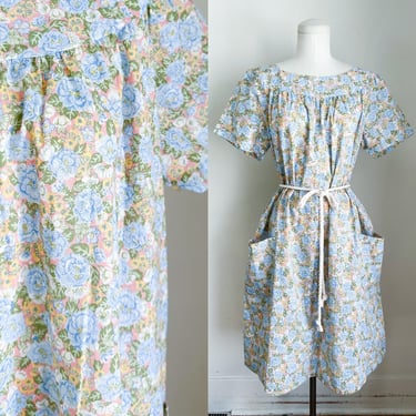 Vintage 1980s Deadstock Floral House Dress / M-L (Pastel Floral) 