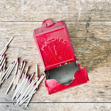 Hanging Match Holder | Vintage Wall Mount | Safety Match Dispenser | Red Match Dispenser | Wall Hung | Kitchen | Fireplace | Red Metal 