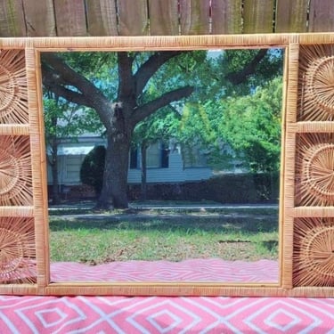 Vintage 1960's Rattan and Reed Wall Mirror with Sunburst Accent 