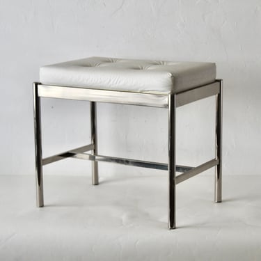 George Koch & Sons Chrome Rectangular Padded Tufted Ivory Vinyl Seat Vanity Stool Vintage Mid-Century Modern 