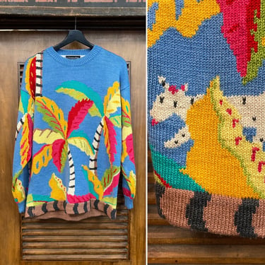 Vintage 1980’s New Wave Tropical Palm Tree Cartoon Knit Pop Art Sweater, 80’s Jungle Top, Vintage Knit Sweater, Vintage Clothing 