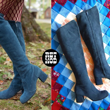 US Size 6.5/7 - Vintage 60s 70s Dusty Blue Half-Knee Black Suede Dream Boots 