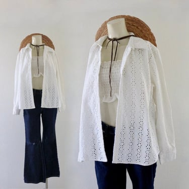 cutwork button top - m - vintage 90s y2k white womens embroidered long sleeve blouse shirt 