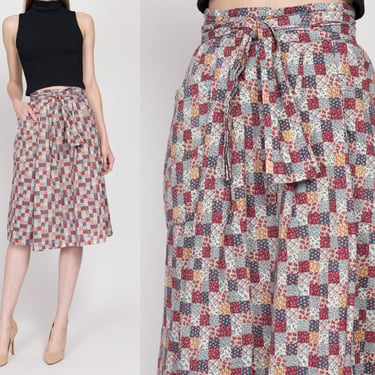 Small 70s Patchwork Calico Floral Wrap Skirt | Vintage A Line Boho Pocket Midi Skirt 