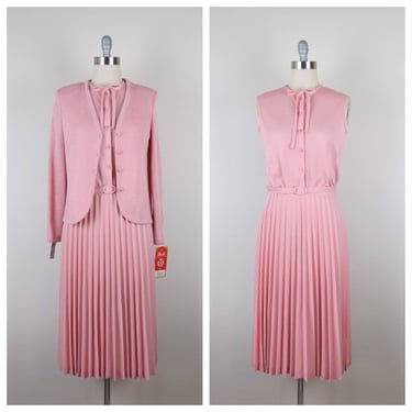 Vintage 1970s knit dress set, matching cardigan, 2 piece, Butte Knit, NWT, deadstock 