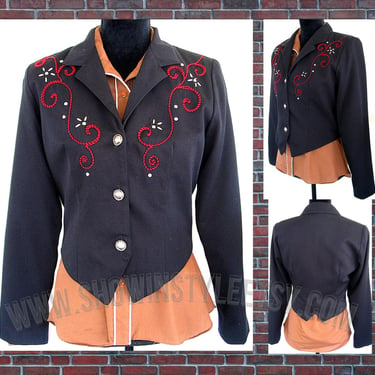 Vintage Retro Western Women's Cowgirl Jacket by RoughRider, Black with Red Embroidery & Silver Stud Flowers, Approx. Small (see meas. photo) 