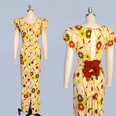 1940s Dress / 40s Acid Floral Print Jersey Gown / Open Back / Bows / Column Gown 