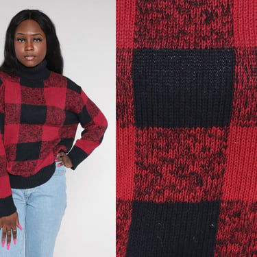Buffalo Plaid Sweater 90s Checkered Turtleneck Sweater Red Black Check Print Pullover Knit Jumper Retro Vintage 1990s Cotton Ramie Small S 