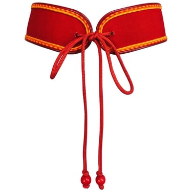 Yves Saint Laurent Red Cotton Corset Cord and Leather Tie Front Belt 1970s