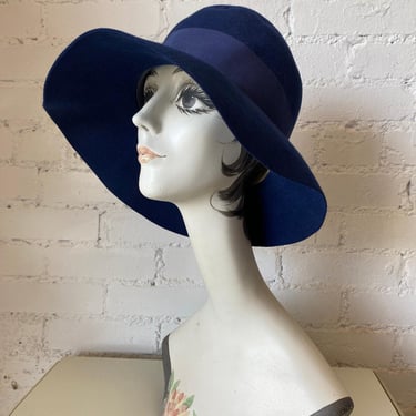 vintage 1970s blue wool felt wide brim floppy hat, neiman, otto lucas, hippie 