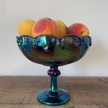 Vintage Indiana Blue Iridescent Carnival Glass Teardrop Pattern Compote Dish Fruit Pedestal Bowl 