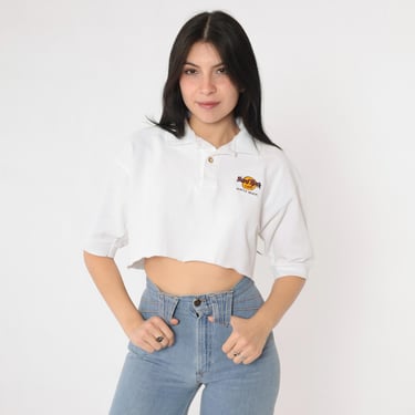 Vintage Hard Rock Cafe Polo Shirt 90s White Cropped Myrtle Beach Logo Embroidered Boxy Fit 1990s Cut Off Tee Medium Large 