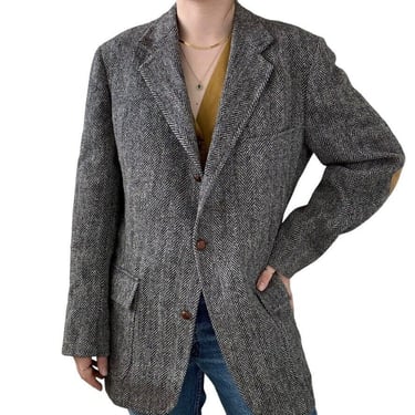 Vintage Harris Tweed Black Gray Chevron Donegal Tweed Scottish Wool Sport Coat 