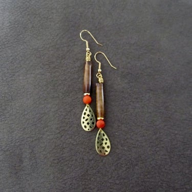 Ethnic tribal carved bone dangle earrings, brass 