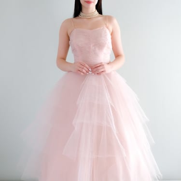 Ethereal 1950's Peony Pink Tiered Tulle Party Dress / Sz S