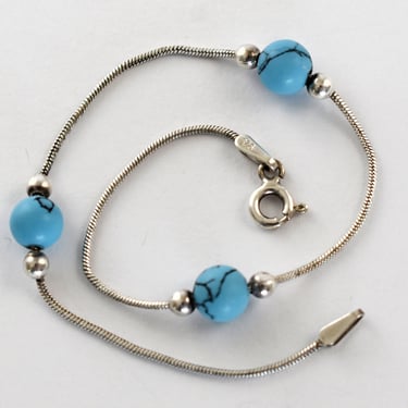 80's Italy 925 silver snake chain turquoise bracelet, minimalist FAS sterling black matrix blue beads stacker 