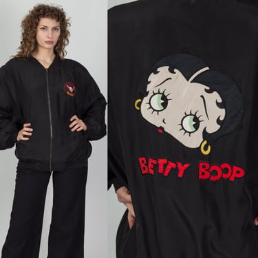 Vintage 1993 Silk Betty Boop Bomber Jacket - Men's XL | 90s Black Zip Up Windbreaker 