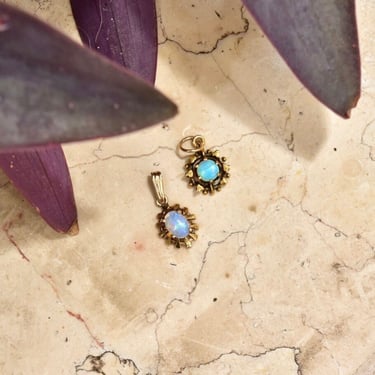 14K Gold Opal Mini Pendants, Vintage Yellow Gold Starburst Charms, Iridescent Opal Cabochons, Art Deco Style, 18mm - 20mm 