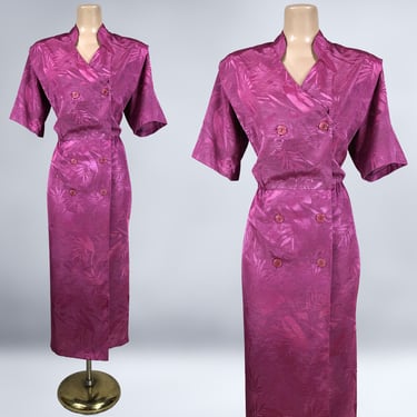 VINTAGE 80s Hot Pink Jacquard Taffeta Double Breasted Pencil Dress by Via Veneto  | 1980s Sexy New Wave Wiggle Dress | VFG 