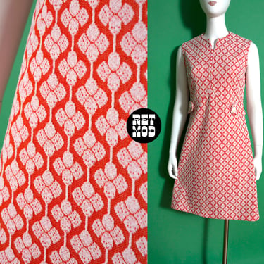 Mod Vintage 60s 70s Orange & White Patterned Polyester Sleeveless Dress 