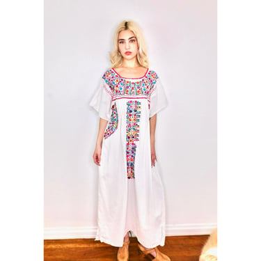 Hand Embroidered Dress // vintage 70s 1970s boho hippie white maxi Mexican hippy sun 70's 1970's // O/S 