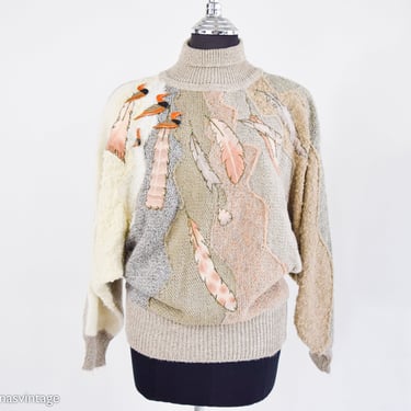 1980s Beige Creme Knit Sweater | 80s  Feathers & Flying Ducks Sweater | Mariea Kim | Large 