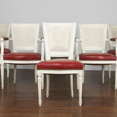 Antique French Louis XVI Style Painted Provincial Red Leather Dining Chairs - Set of 6 