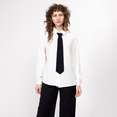 Large 80s White & Black Necktie Blouse | Vintage Collared Long Sleeve Button Up Formal Office Shirt 