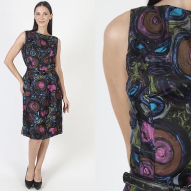 Black 50s Chiffon Dress, Watercolor Floral All Over Print, Pin Up Style Party Frock 