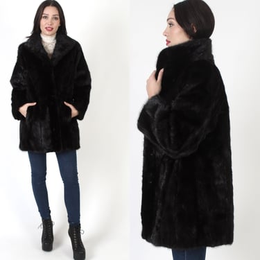 Real Mahogany Mink Fur Jacket / Mid Length Dark Ranch Coat / Vintage 80s Natural Fur Under Collar / Cold Weather Winter Overcoat 