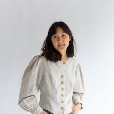 Vintage Beige Linen Puff Sleeve Folk Blouse | Romantic Shirt | XS S | 