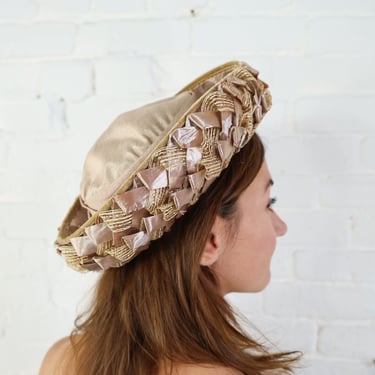 1960s Taupe Saucer Hat | 60s Beige Woven Raffia Hat 