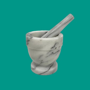 Vintage Mortar and Pestle Retro 1980s Contempory + White and Gray + Marble + Two Piece Set + Spice Grinder + Apothecary + Kitchen Decor 