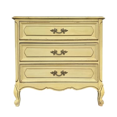 French Provincial Nightstand Chest by Henry Link with 3 Drawers 30” Tall - Vintage Cream & Gold Shabby Chic Louis XV End Table Dresser 