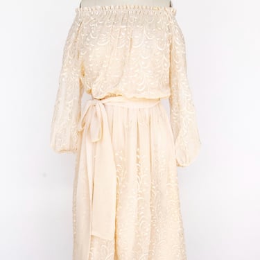 1970s Dress Chiffon Embroidered Off Shoulder Gilberts for Tally S 