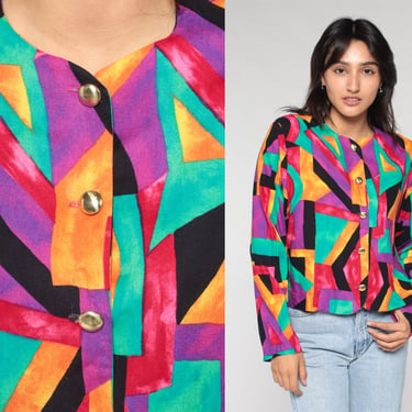 Geometric Blouse 90s Colorful Button Up Long Sleeve Scalloped Hem Bohemian Statement Print Shirt Hippie Retro Vintage 1990s Rayon Medium M 