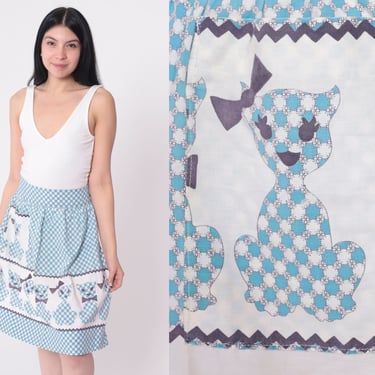 70s Apron Skirt Cat Print Half Apron Open Back Diner Waitress Uniform Blue White Polka Animal Print Midi Vintage 1970s Extra Small xs 