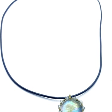 Danielle Welmond | Caged mother of pearl doublet with gold cord and dashes of labradorite