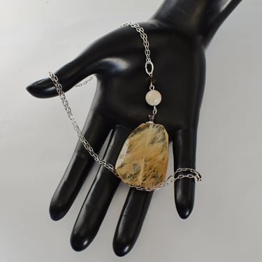 Big 70's golden rutile quartz fossil jasper & brown tourmaline 925 sterling silver boho pendant necklace 