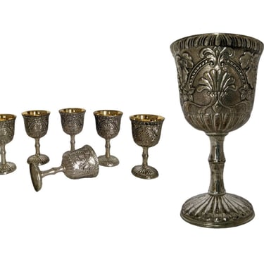 Vintage Miniature Goblet Set of 6  / Ornate Repousse Silver Plated Cordial Glasses / Mid Century Metal Toasting Glass Set in Original Box 