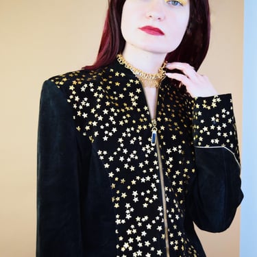 GOLD STAR Vintage 80s Black Suede Metallic Jacket Size XS to Small 