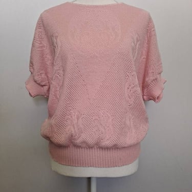 Vintage Late 1970's Early 1980's Keneth Too! Pink Short Dolman Sleeve Lightweight Acrylic Knit Sweater Medium 