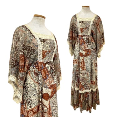 Vt 70s Terri Indian Block Print Patchwork Print Lace Bell Sleeve Maxi Dress 