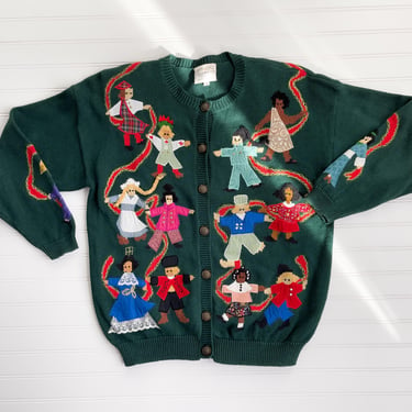 cottagecore sweater 90s vintage Susan Bristol traditional folk clothing people embroidered green cardigan 