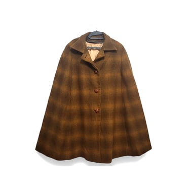 Vintage Pendelton Cappelletti, Mustard & Brown Plaid Cape, 100% Virgin Wool Poncho, Pinup Swing Coat, Mid Century Cloak, Vintage Clothing 