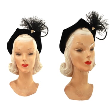 1940s Evelyn Varon Black Velvet Shell Cap with Feather Plume - 1940s Black Cocktail Hat - 1940s Black Hat - 1940s Black Velvet Hat 